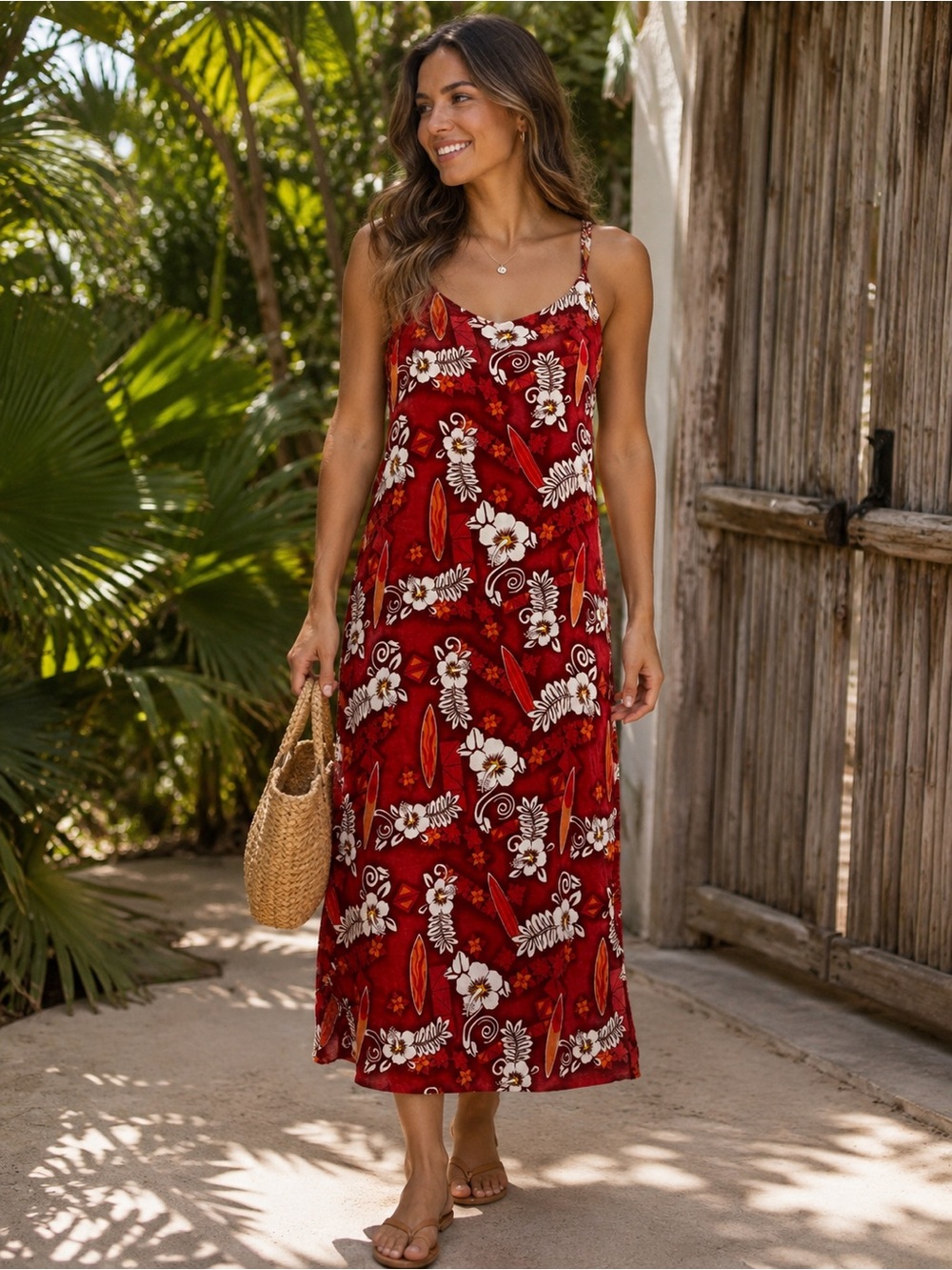 Blue Sky Red Floral Spaghetti-Strap Maxi Dress